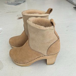 NO. 6 Pull On Shearling Clog Heel Boot in Bone Color